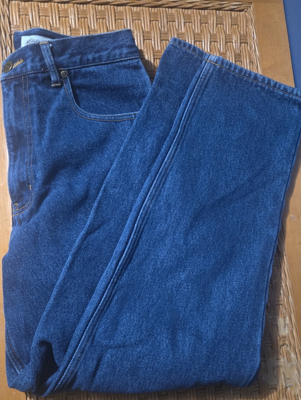 Eddie Bauer Blue Denim Jeans with Red Gray Plaid Lining
